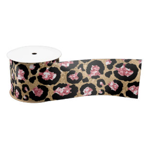 Ruban En Satin Motif à taches de léopard pailleté rose et or