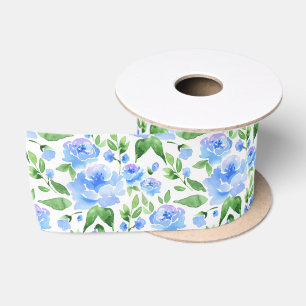 Ruban En Satin Motif aux fleurs d'aquarelle bleue