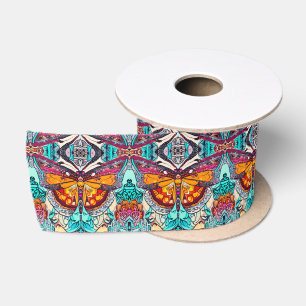 Ruban En Satin Motif Batik des papillons et Médaillons à Orange
