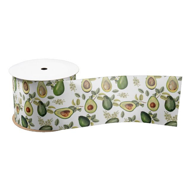 Ruban En Satin Motif botanique Aquarelle Avocado (Bobine)