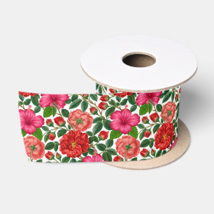 Ruban En Satin Motif botanique d'hibiscus et de rose