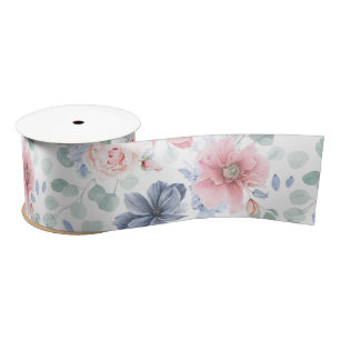 Ruban En Satin Motif botanique floral Bleu Poussiéreux et Rose Po