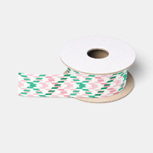 Ruban En Satin Motif carreaux pied-de-poule rose et vert rétro