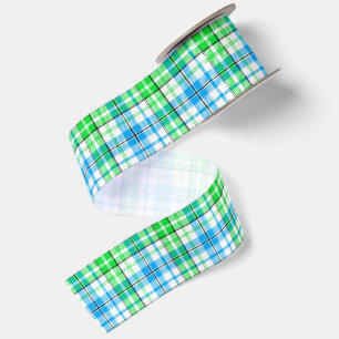 Ruban En Satin Motif carreaux tartan bleu blanc vert