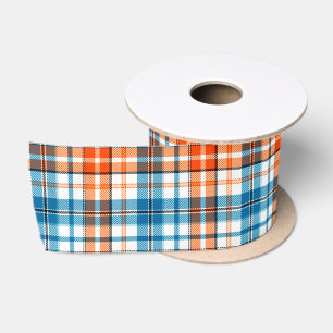 Ruban En Satin Motif carreaux tartan bleu orange blanc 
