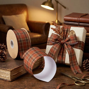 Ruban En Satin Motif carreaux tartan orange rouille et marron 