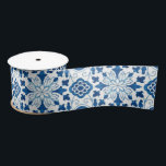 Ruban En Satin Motif carrelage vintage portugais bleu azulejos<br><div class="desc">Aquarelle bleue portuguaise azulejos céramique motif sur un arrière - plan blanc.</div>