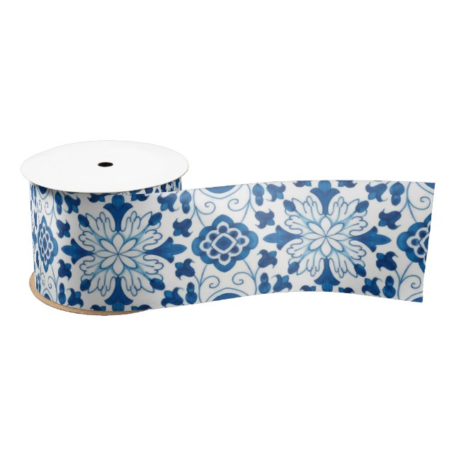 Ruban En Satin Motif carrelage vintage portugais bleu azulejos (Bobine)