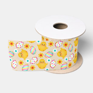 Ruban En Satin Motif coloré OEufs de Pâques et poussins