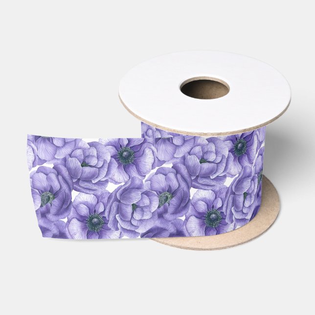 Ruban En Satin Motif d'aquarelle de fleurs d'anémone violet (Bobine)