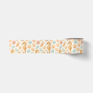 Ruban En Satin Motif d'aquarelle des coquillages et des hippocamp
