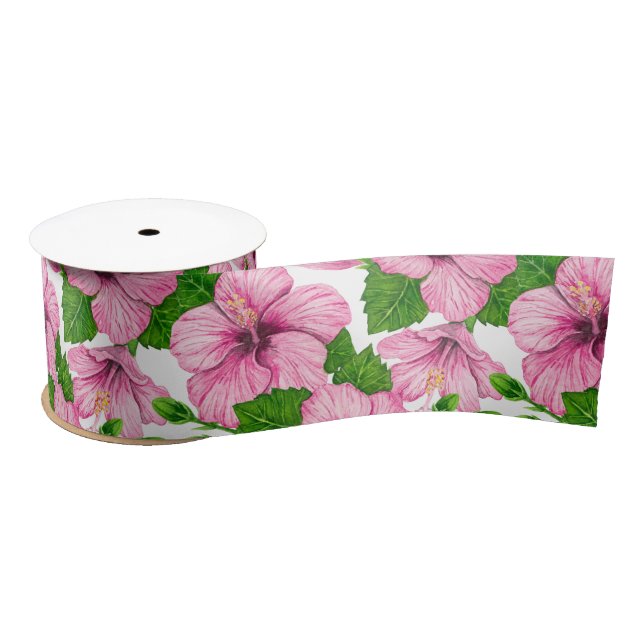 Ruban En Satin Motif d'aquarelle d'hibiscus rose (Bobine)