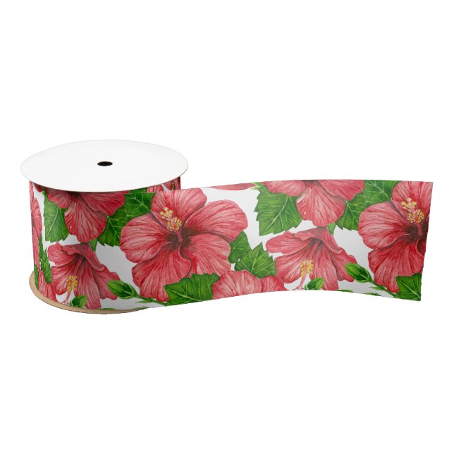 Ruban En Satin Motif d'aquarelle d'hibiscus rouge (Bobine)