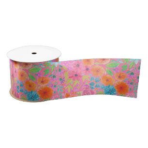 Ruban En Satin Motif d'aquarelle florale en rose