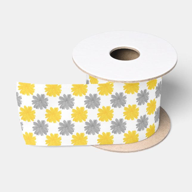 Ruban En Satin Motif d'aquarelle jaune et gris (Bobine)
