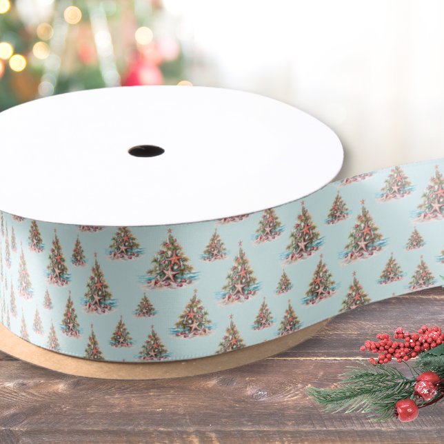 Ruban En Satin Motif d'arbre de Noël de plage (Beach Shell Christmas Tree Pattern Satin Ribbon)