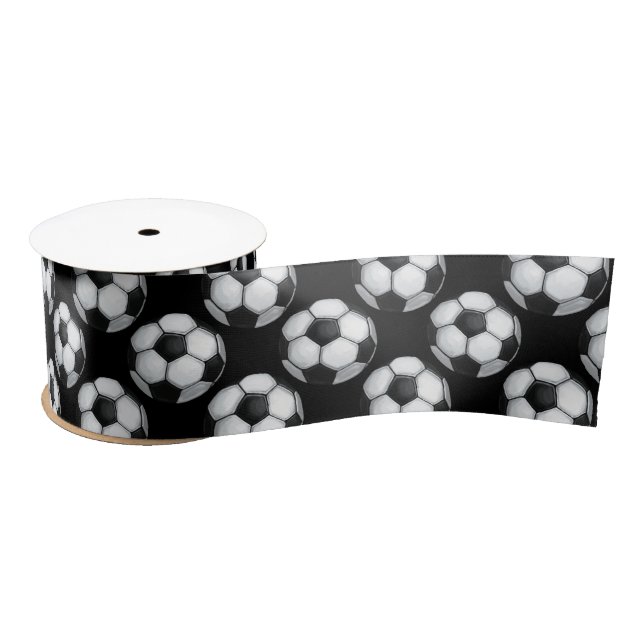 Ruban En Satin Motif de balle de football noir et blanc (Bobine)