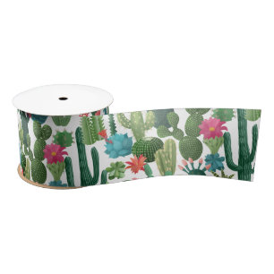 Ruban En Satin Motif de cactus Turquoises verts en fleurs