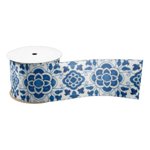 Ruban En Satin Motif de carreaux bleu azulejos Vintage