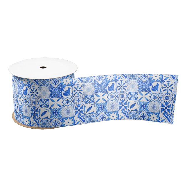 Ruban En Satin Motif de chat antique bleu et blanc de Chinoiserie (Bobine)