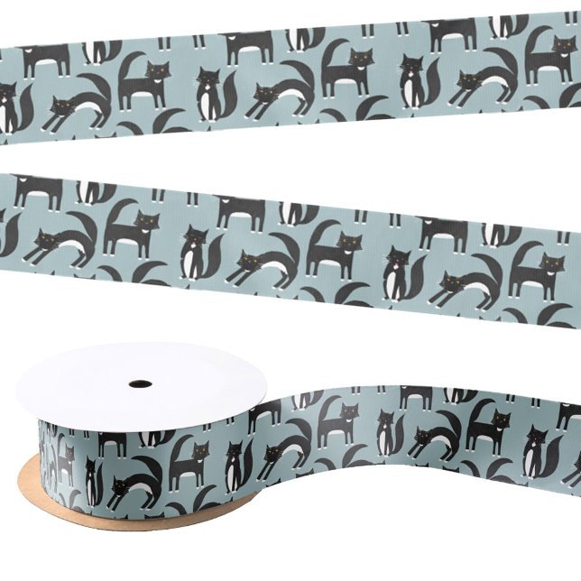 Ruban En Satin Motif de chat Tuxedo noir et blanc (Black and white Tuxedo cat fun satin ribbon for animal lovers)