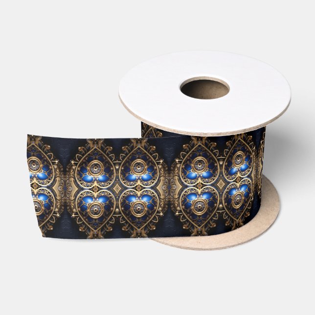 Ruban En Satin motif de coeurs steampunk bleu et or (Bobine)