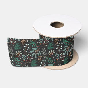 Ruban En Satin Motif de feuillage de Noël noir