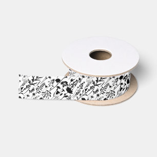 Ruban En Satin Motif de fleur de fleur sauvage en noir et blanc