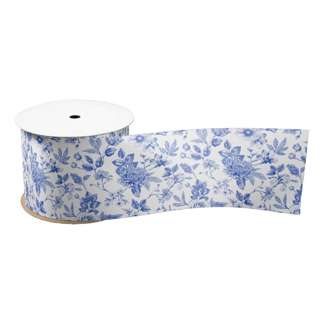Ruban En Satin Motif de fleurs antique en Chinoiserie bleue et bl (Bobine)