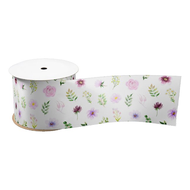 Ruban En Satin Motif de fleurs et de feuillage violets (Bobine)