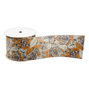 Ruban En Satin Motif de fleurs graphiques blanches orange