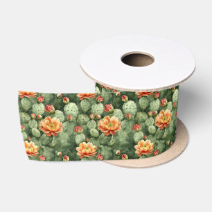 Ruban En Satin Motif de fleurs orange de cactus à l'aquarelle