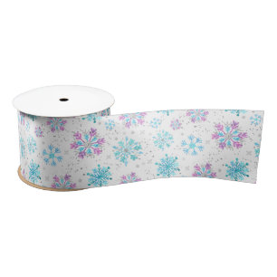 Ruban En Satin Motif de flocons de neige hivernaux violets et ble