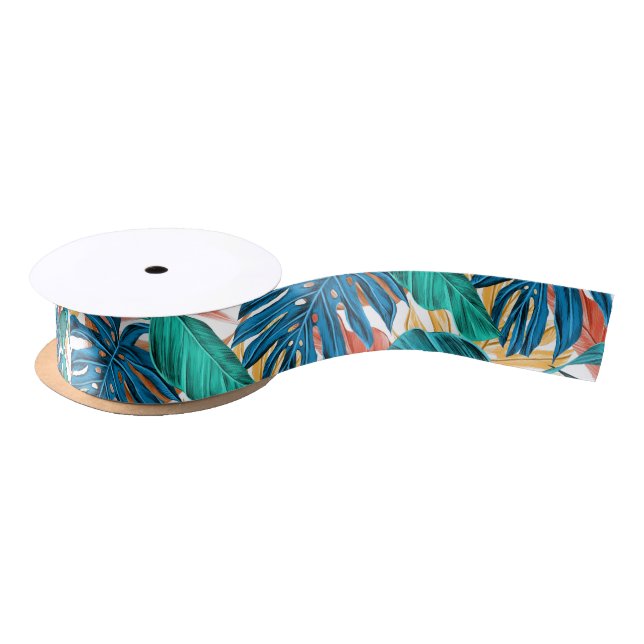 RUBAN EN SATIN MOTIF DE FOUGÈRES TROPICALES (Bobine)