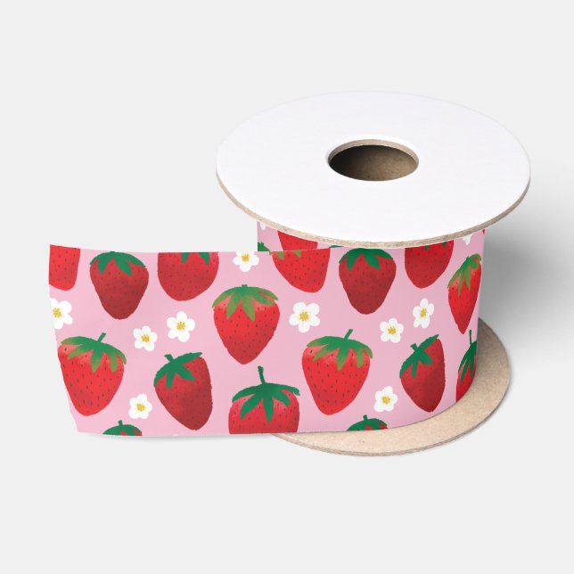 Ruban En Satin Motif de fraises sucrées sur rose (Bobine)