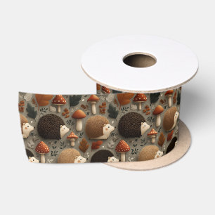 Ruban En Satin Motif de Hérisson & Champignon Automnal Fantaisist