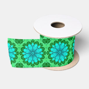 Ruban En Satin Motif de marguerite géométrique en Turquoise et Ve