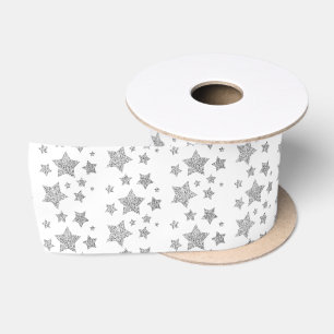 Ruban En Satin Motif de Noël Étoiles Argentées Brillantes sur fon