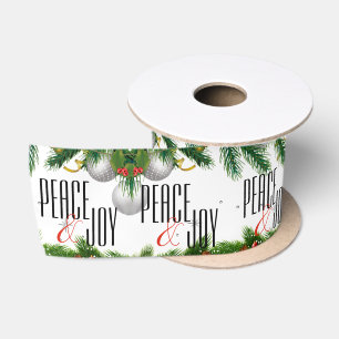 Ruban En Satin Motif de Noël Feuilles Baies Rouges Joie et Paix