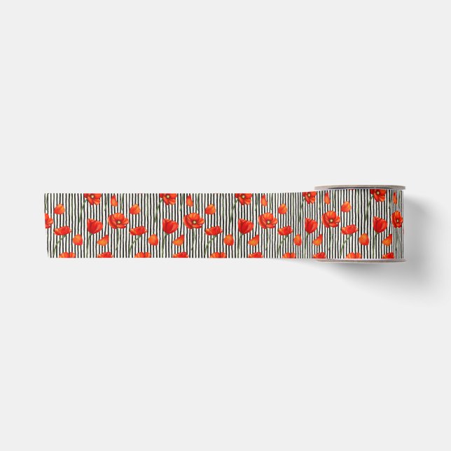 Ruban En Satin Motif de pavots et rayures (Devant)