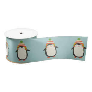 Ruban En Satin Motif de pingouins mignons - Aqua Green Christmas