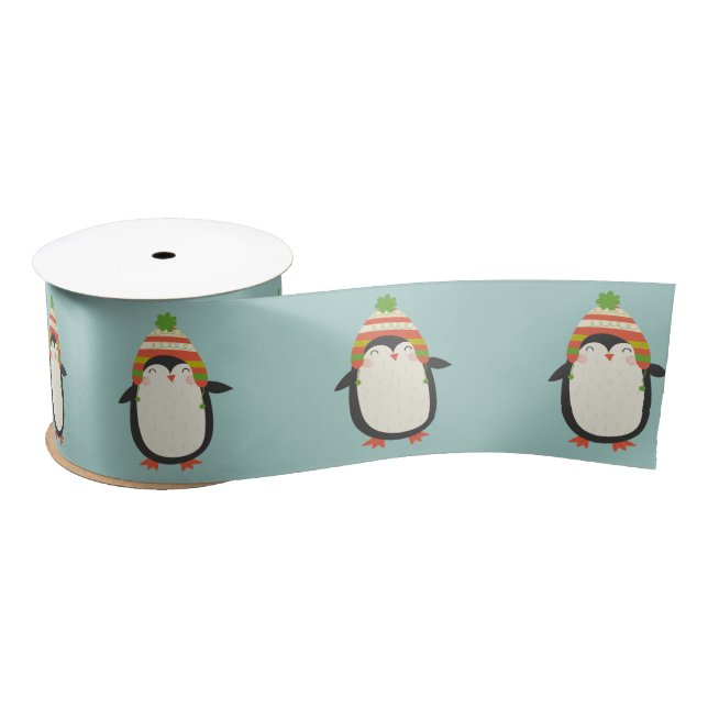 Ruban En Satin Motif de pingouins mignons - Aqua Green Christmas (Bobine)