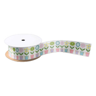 Ruban En Satin Motif de pots de fleurs pastel mignons