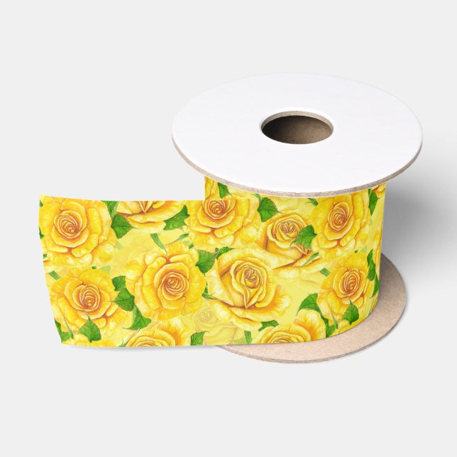 Ruban En Satin Motif de rose d'aquarelle jaune (Bobine)