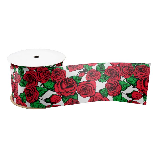 Ruban En Satin Motif de roses rouges (Bobine)