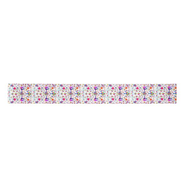 Ruban En Satin Motif de style Otomi avec Weims, lapins et oiseaux (Devant)