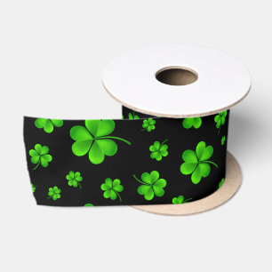 Ruban En Satin Motif de trèfles verts sur fond noir