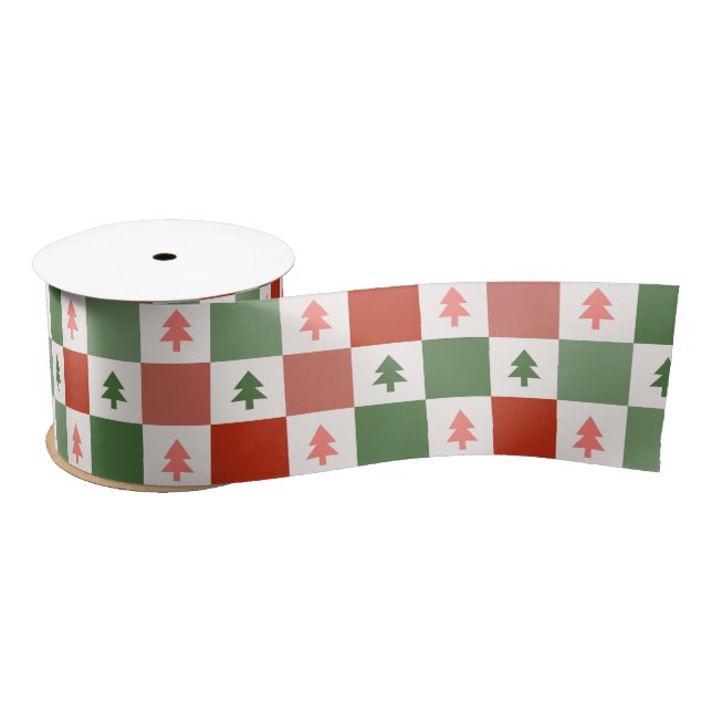Ruban En Satin Motif de vacances Retro Christmas Tree Checkerboar (Bobine)
