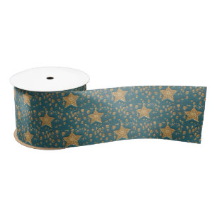 Ruban En Satin Motif d'étoiles dorées sur un ciel nocturne bleu é