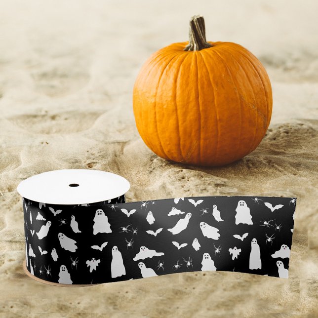 Ruban En Satin Motif d'Halloween, chauves-souris et araignées (Cute Ghost, Bats & Spiders Halloween Pattern Satin Ribbon)